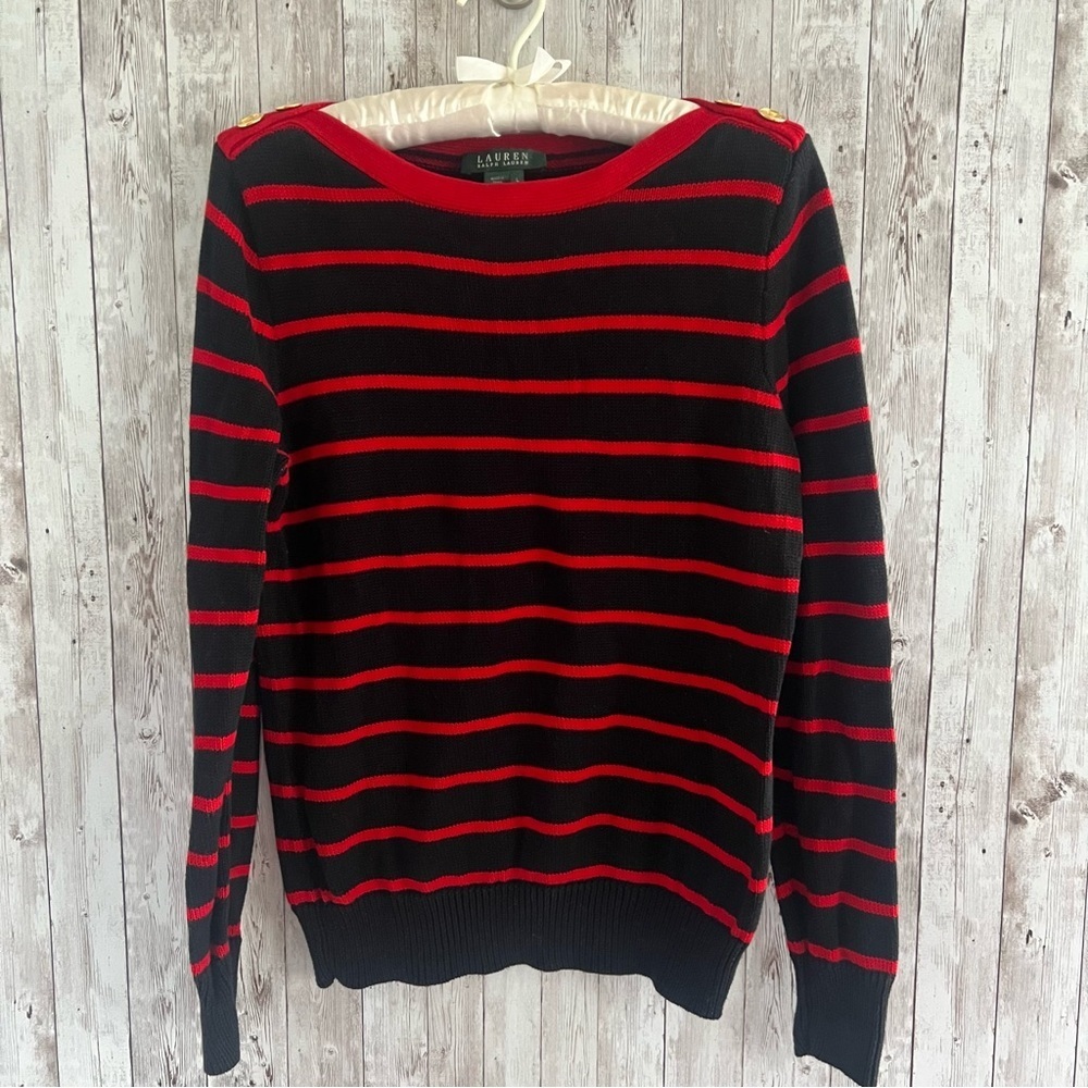 Ralph Lauren Womens Sweater in Black and Red Stripes Cotton Preppy Gold Button